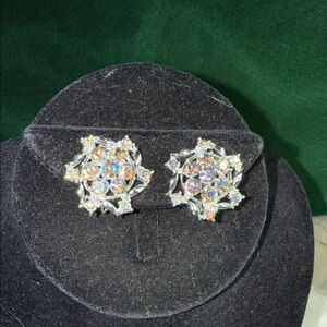 VTG 60s Earrings Aurora Borealis Rhinestones Silver Tone Earrings- Clip on